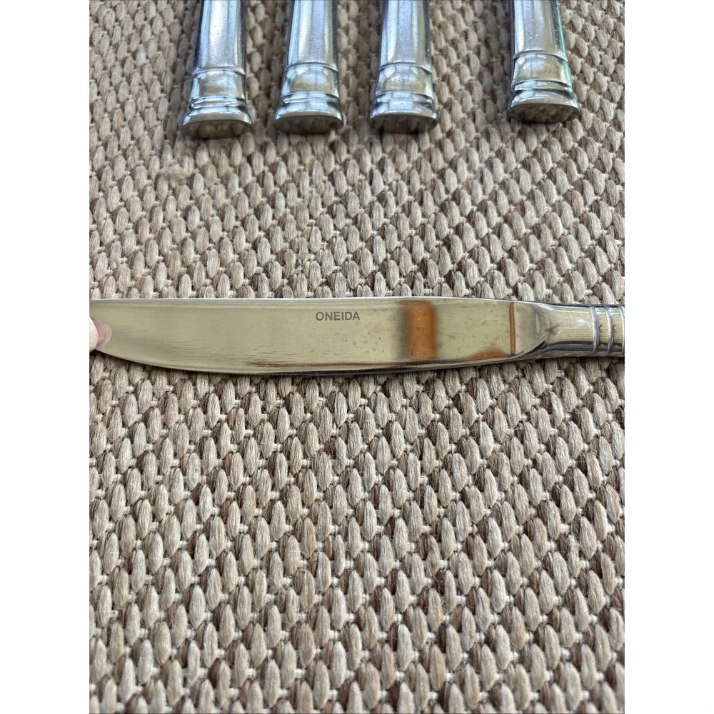 Oneida Set Of 5 Sunnybrook Dinner Knives Stainless Glossy  Bands At Tip